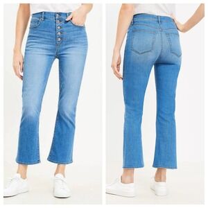 Loft 2P Button Front High Rise Kick Crop Jeans in Bright Mid Indigo Wash